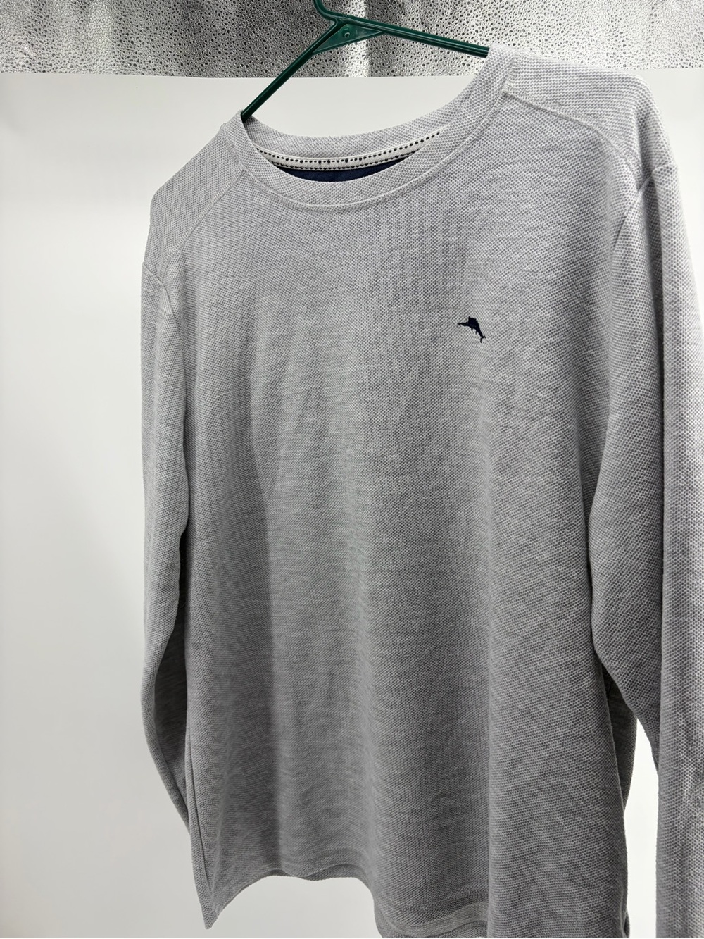 Tommy Bahama Light Gray Long-Sleeve Crewneck with Navy Dolphin Logo